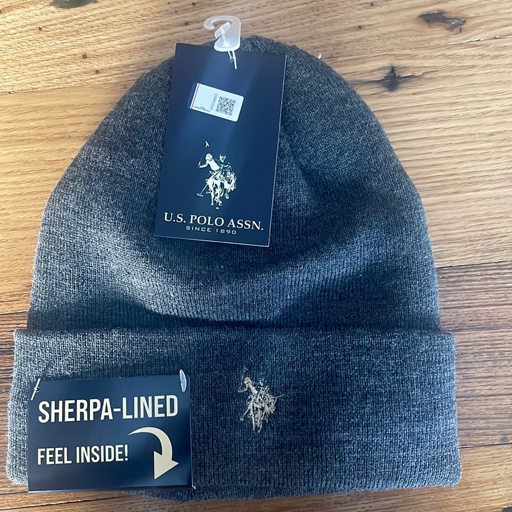 NWT Mens U.S. Polo Assn. ® Dark Grey One Size Cuffed Sherpa Lined Beanie